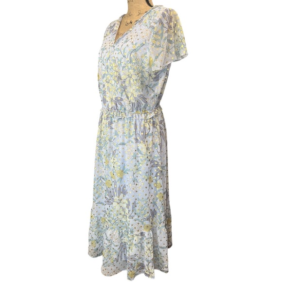 Lauren Conrad NWOT light blue and metallic gold floral pullover dress Size Large - Picture 4 of 9